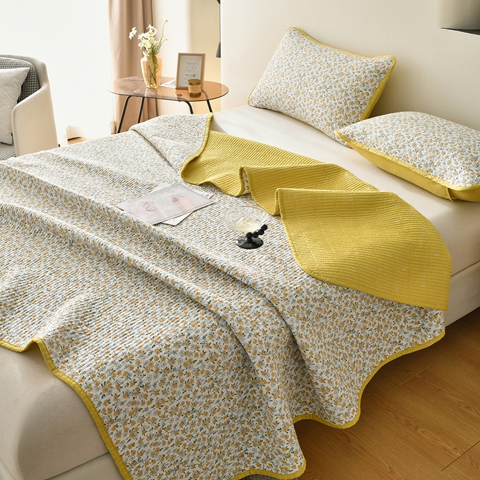 91家纺网 家纺一手货源 找家纺 橙子家居 2024新款高温水洗双面全棉纯棉斜纹13372印花款单品床盖  单床盖 莫娇-黄