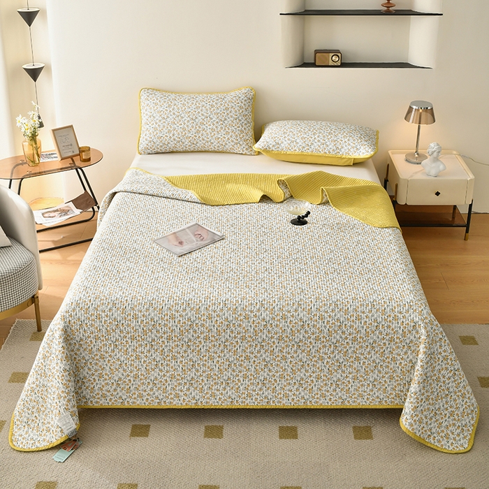91家纺网 家纺一手货源 找家纺 橙子家居 2024新款高温水洗双面全棉纯棉斜纹13372印花款单品床盖  单床盖 莫娇-黄