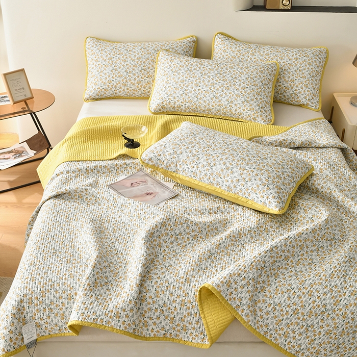 91家纺网 家纺一手货源 找家纺 橙子家居 2024新款高温水洗双面全棉纯棉斜纹13372印花款单品床盖  单床盖 莫娇-黄