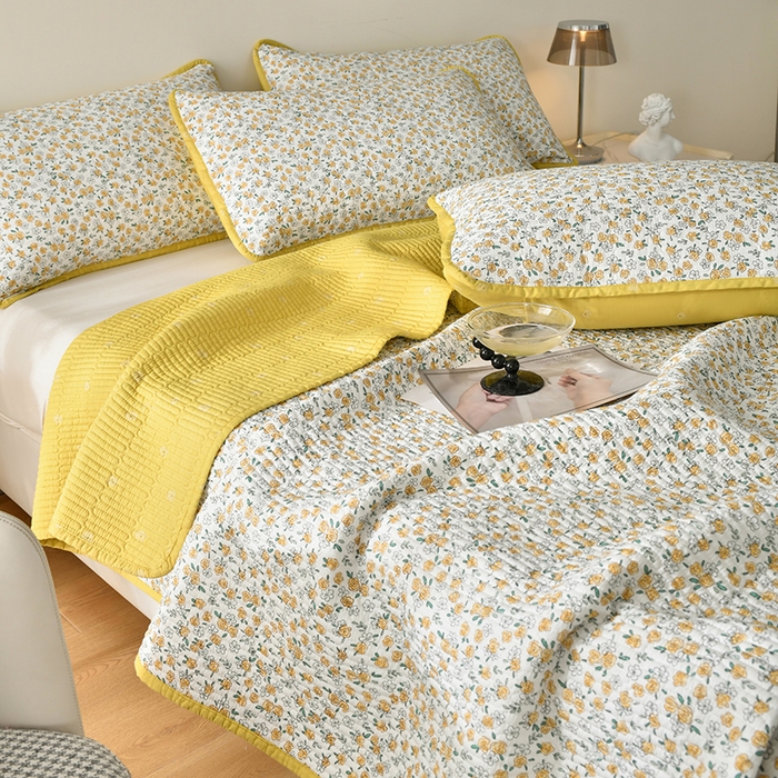 91家纺网 家纺一手货源 找家纺 橙子家居 2024新款高温水洗双面全棉纯棉斜纹13372印花款单品床盖  单床盖 莫娇-黄