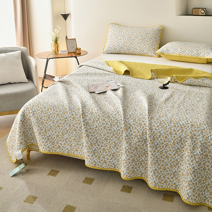 91家纺网 家纺一手货源 找家纺 橙子家居 2024新款高温水洗双面全棉纯棉斜纹13372印花款单品床盖  单床盖 莫娇-黄