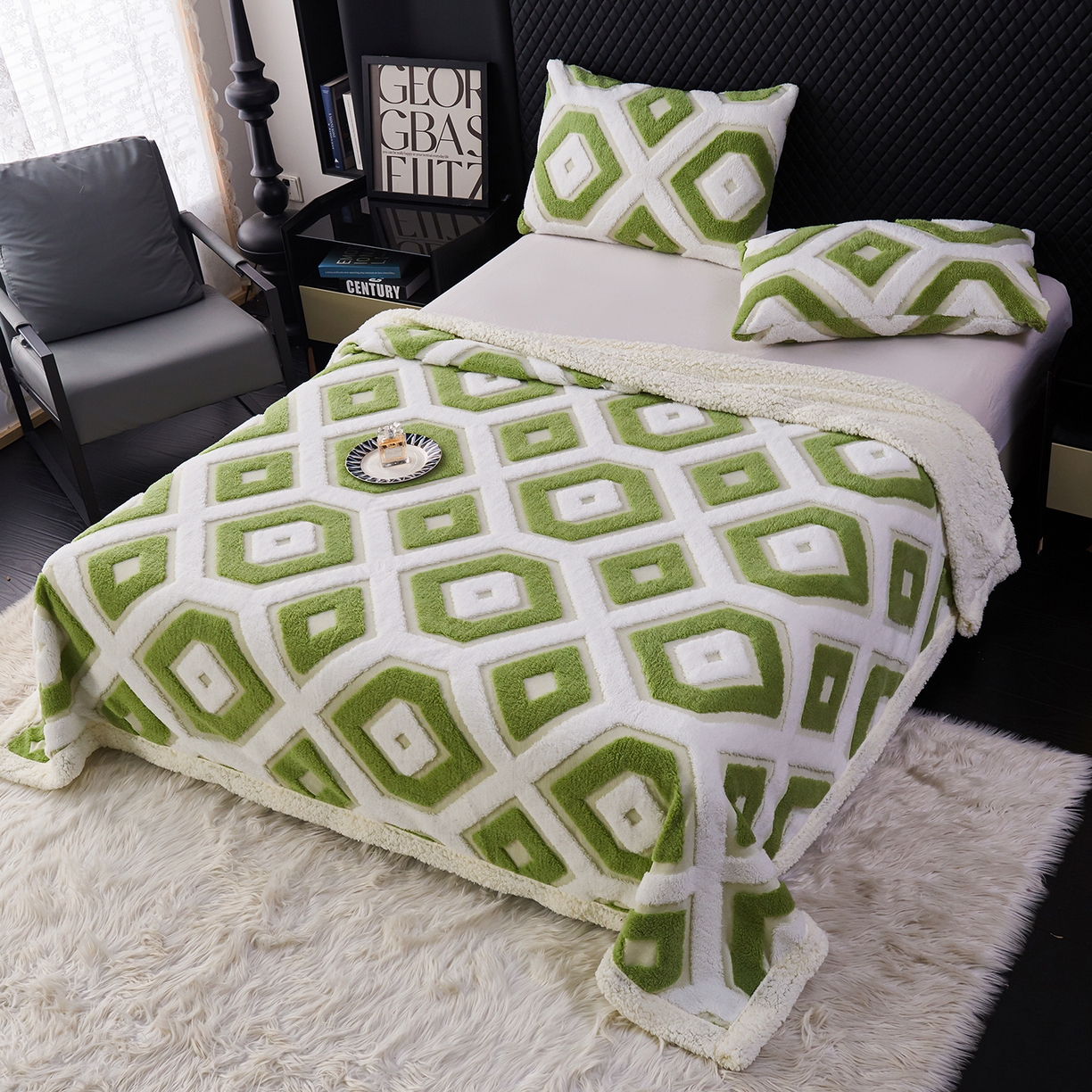 91家纺网 家纺一手货源 找家纺 枋梢家纺 2025新款几何空间阳离子提花镂空塔芙绒羊羔绒保暖午睡双层毛毯办公室盖毯 几何-翠绿