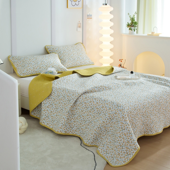 91家纺网 家纺一手货源 找家纺 橙子家居 2024新款高温水洗双面全棉纯棉斜纹13372印花款单品床盖（风格二） 莫娇-黄