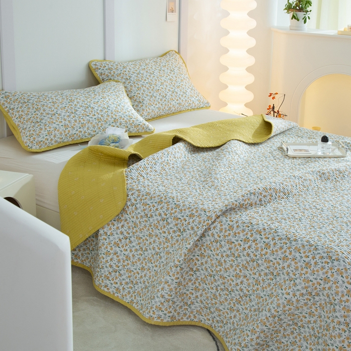 91家纺网 家纺一手货源 找家纺 橙子家居 2024新款高温水洗双面全棉纯棉斜纹13372印花款单品床盖（风格二） 莫娇-黄