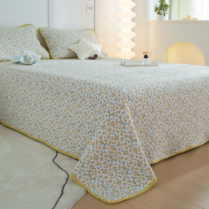 91家纺网 家纺一手货源 找家纺 橙子家居 2024新款高温水洗双面全棉纯棉斜纹13372印花款单品床盖（风格二） 莫娇-黄