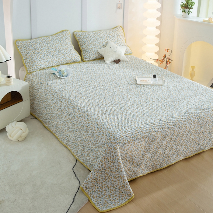 91家纺网 家纺一手货源 找家纺 橙子家居 2024新款高温水洗双面全棉纯棉斜纹13372印花款单品床盖（风格二） 莫娇-黄