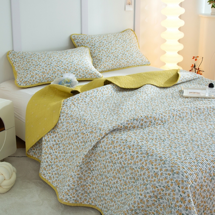 91家纺网 家纺一手货源 找家纺 橙子家居 2024新款高温水洗双面全棉纯棉斜纹13372印花款单品床盖（风格二） 莫娇-黄
