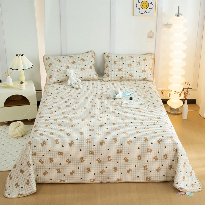 橙子家居 2024新款高温水洗双面全棉纯棉斜纹13372印花款单品床盖（风格二） 格子小熊