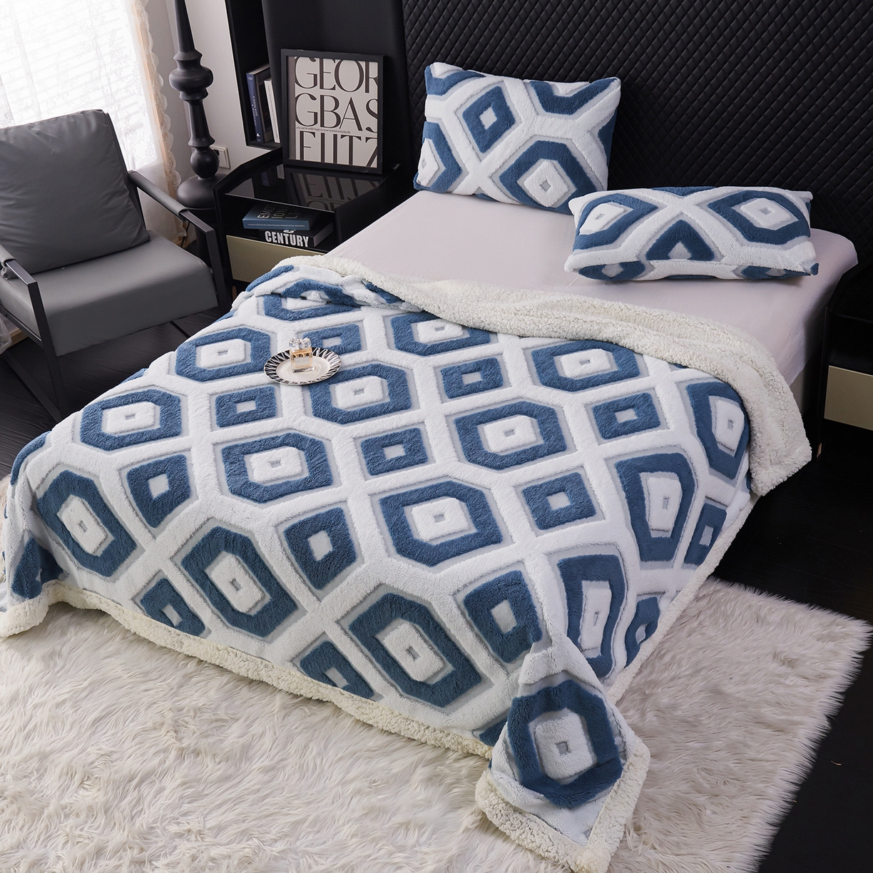 91家纺网 家纺一手货源 找家纺 枋梢家纺 2025新款几何空间阳离子提花镂空塔芙绒羊羔绒保暖午睡双层毛毯办公室盖毯 几何-海蓝