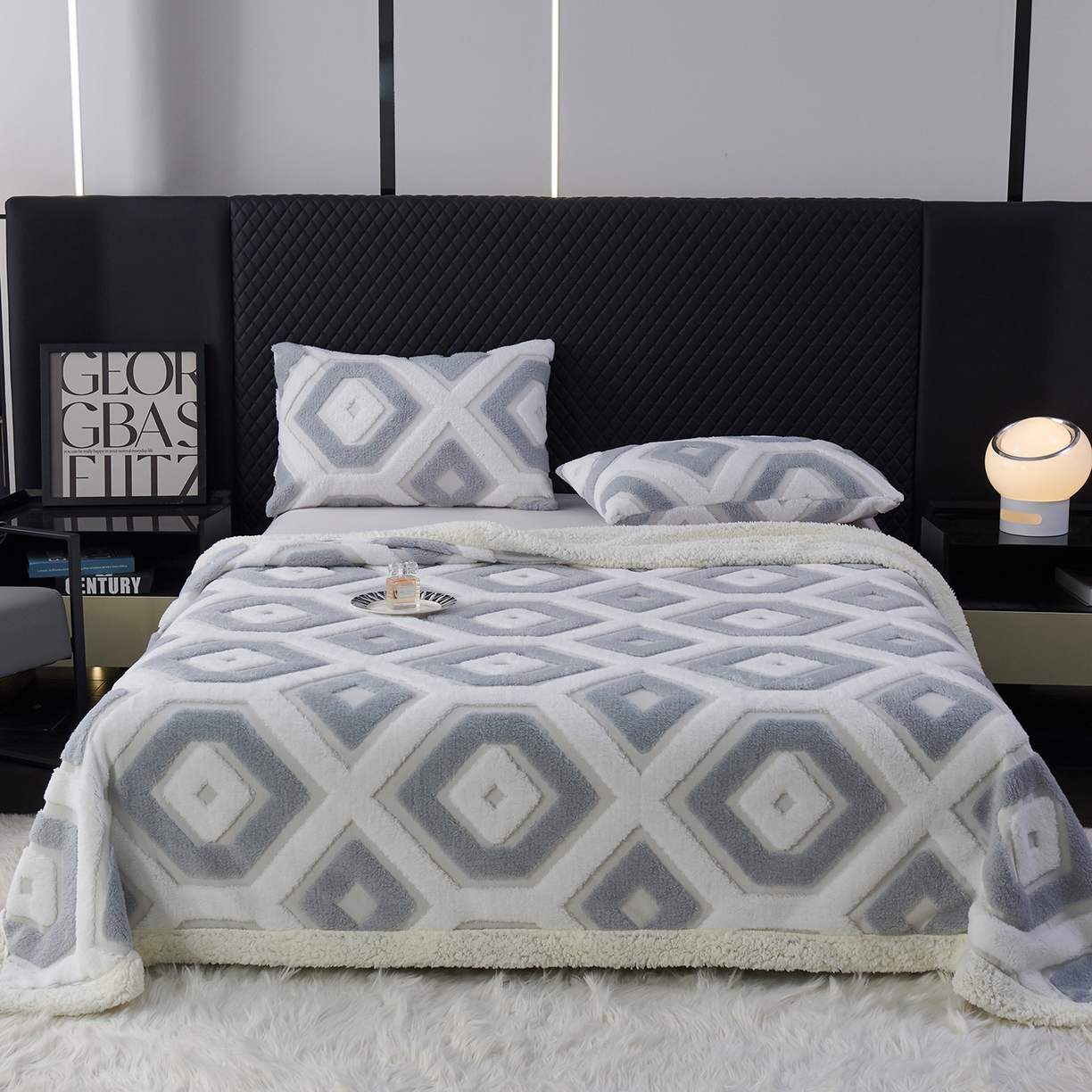枋梢家纺 2025新款几何空间阳离子提花镂空塔芙绒羊羔绒保暖午睡双层毛毯办公室盖毯 几何-浅灰