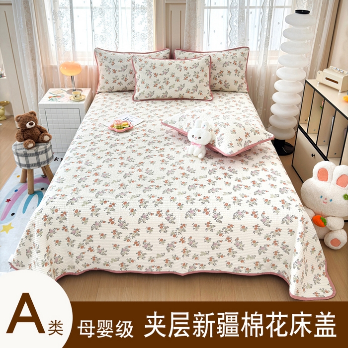 （总）橙子家居 2024新款A类木棉印花夹层新疆棉花四季款床盖三件套