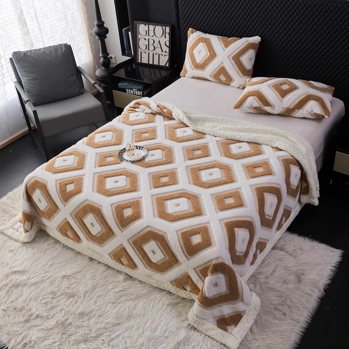 91家纺网 家纺一手货源 找家纺 枋梢家纺 2025新款几何空间阳离子提花镂空塔芙绒羊羔绒保暖午睡双层毛毯办公室盖毯 几何-浅咖