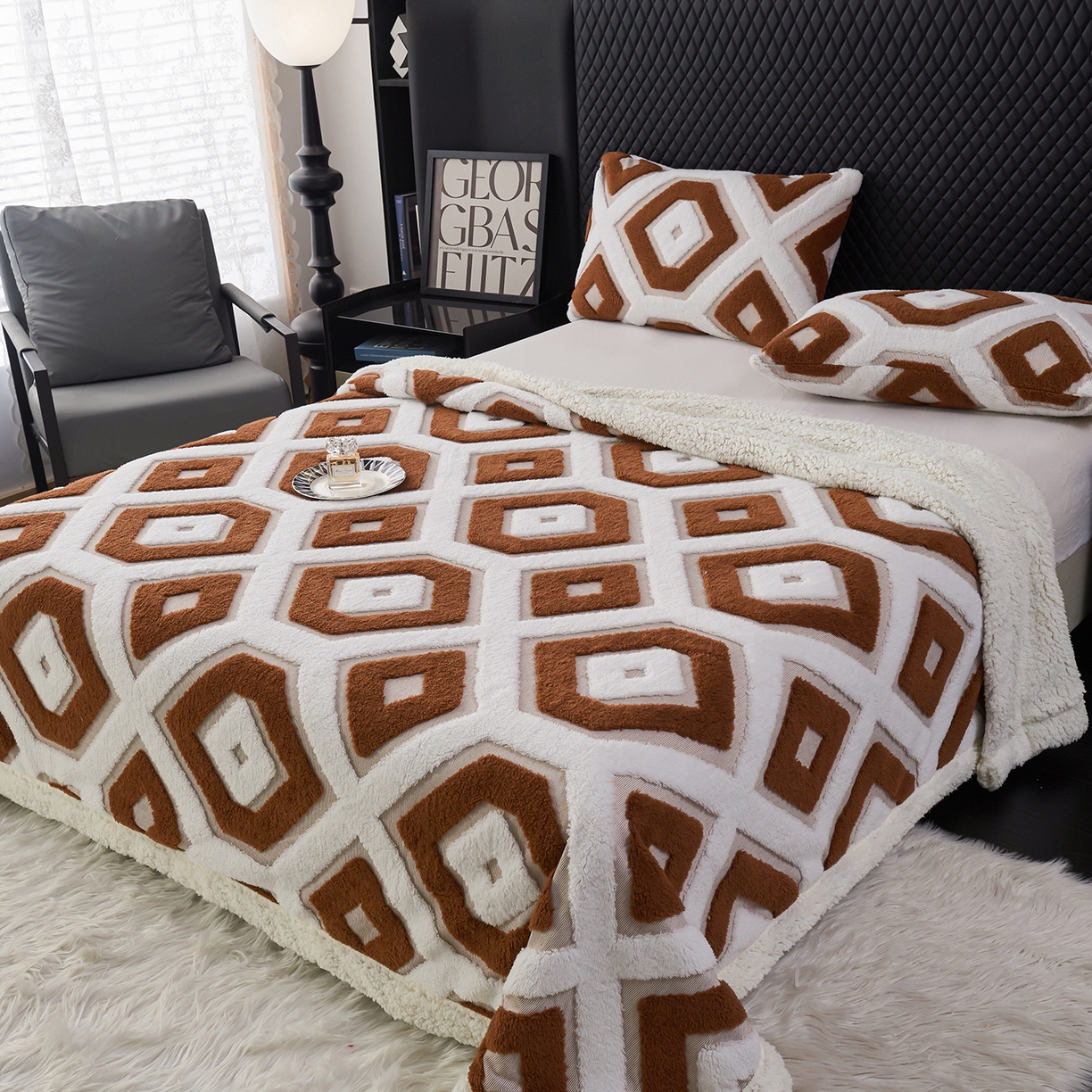 91家纺网 家纺一手货源 找家纺 枋梢家纺 2025新款几何空间阳离子提花镂空塔芙绒羊羔绒保暖午睡双层毛毯办公室盖毯 几何-深咖