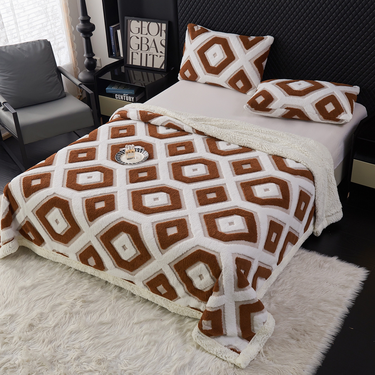 91家纺网 家纺一手货源 找家纺 枋梢家纺 2025新款几何空间阳离子提花镂空塔芙绒羊羔绒保暖午睡双层毛毯办公室盖毯 几何-深咖