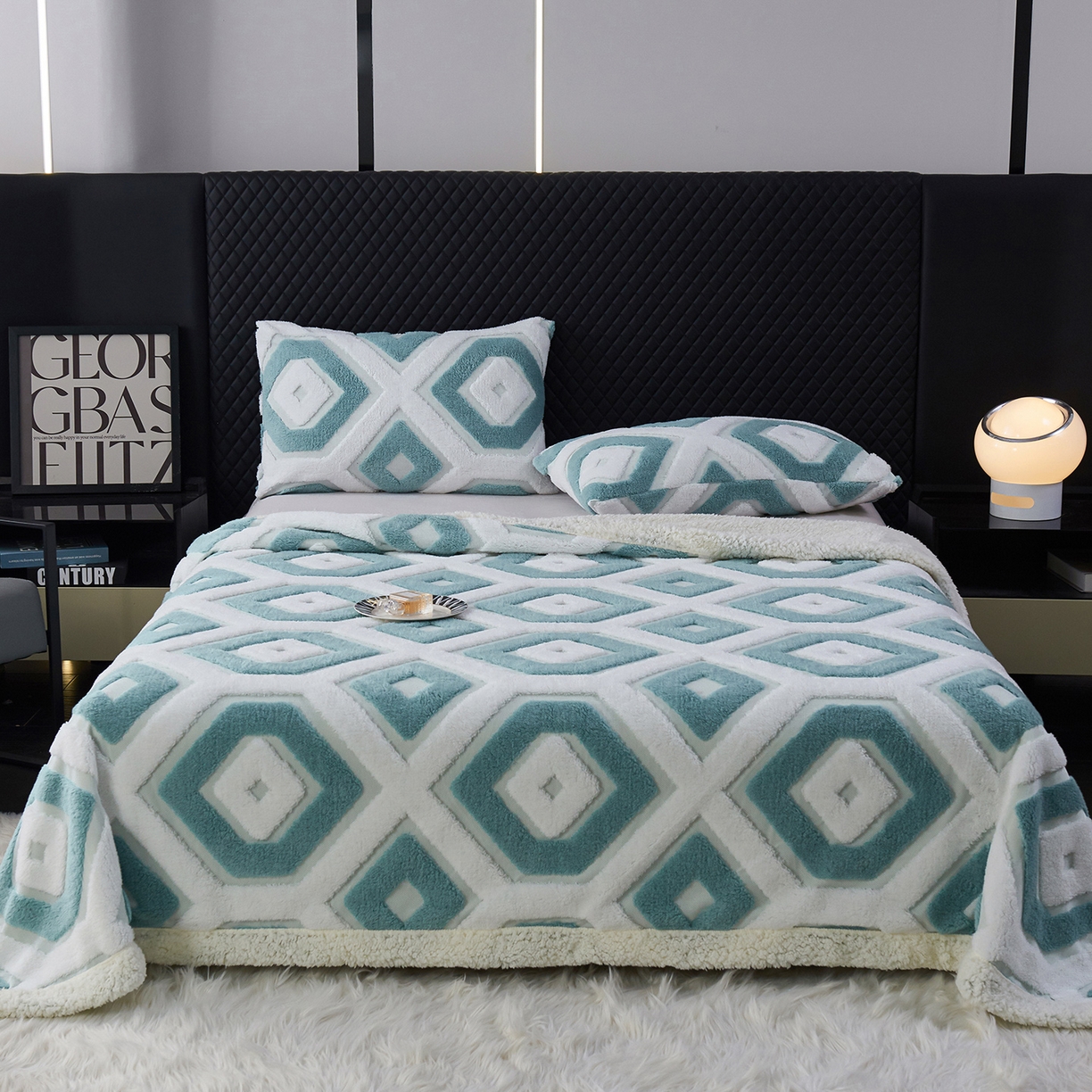 枋梢家纺 2025新款几何空间阳离子提花镂空塔芙绒羊羔绒保暖午睡双层毛毯办公室盖毯 几何-雅青