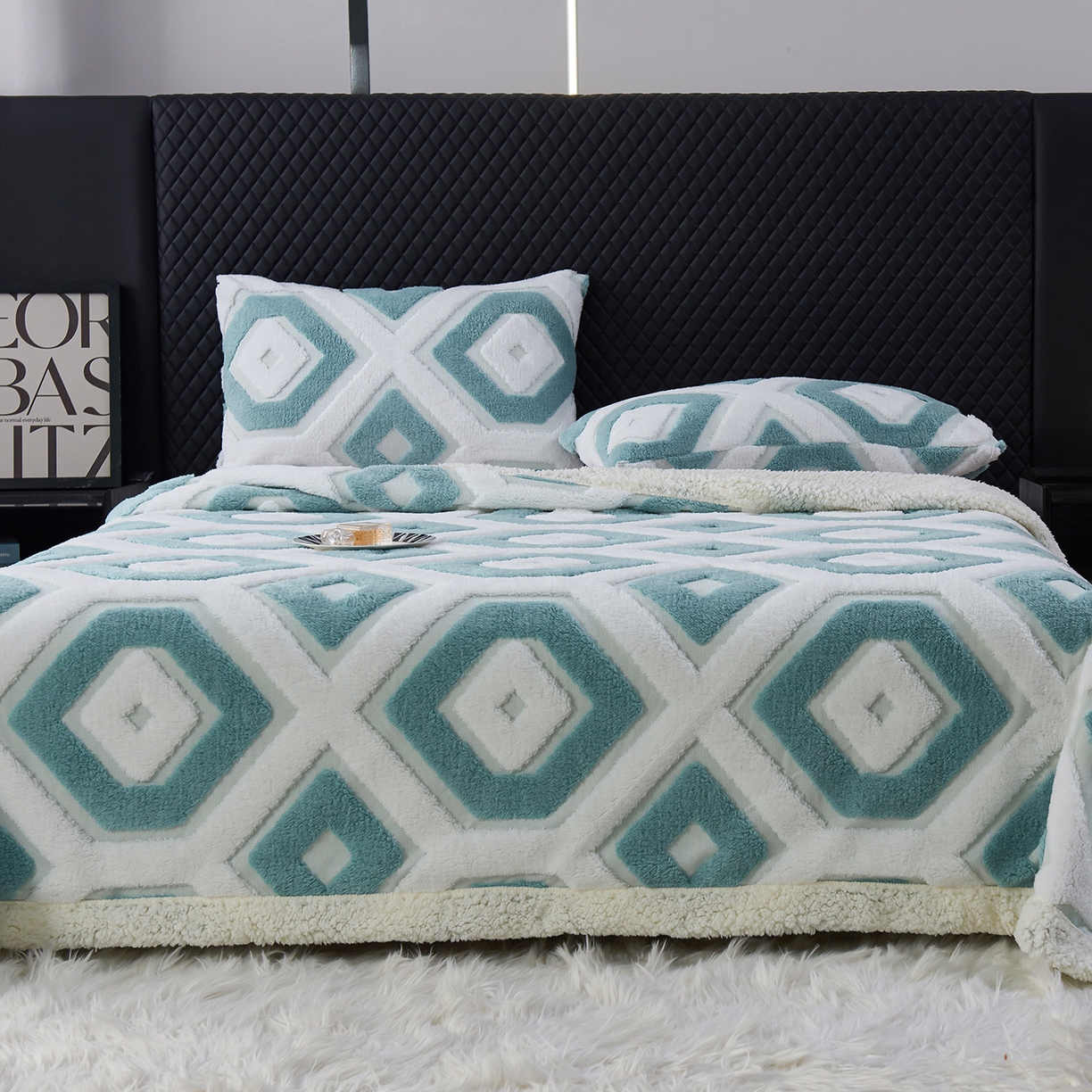 91家纺网 家纺一手货源 找家纺 枋梢家纺 2025新款几何空间阳离子提花镂空塔芙绒羊羔绒保暖午睡双层毛毯办公室盖毯 几何-雅青