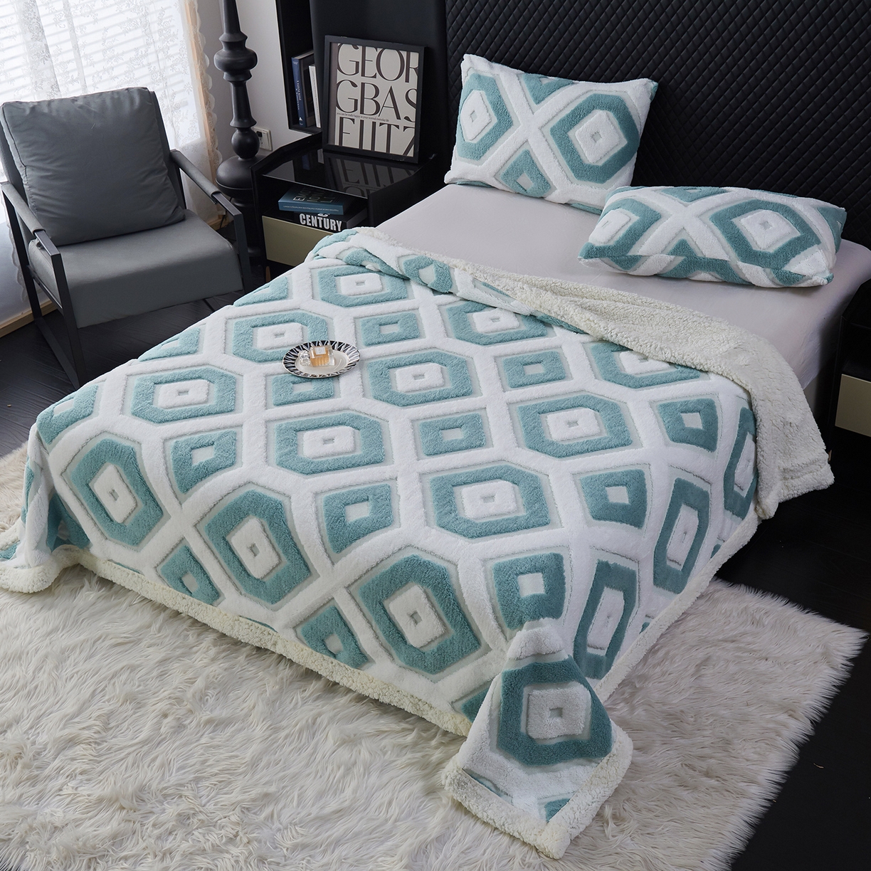 91家纺网 家纺一手货源 找家纺 枋梢家纺 2025新款几何空间阳离子提花镂空塔芙绒羊羔绒保暖午睡双层毛毯办公室盖毯 几何-雅青