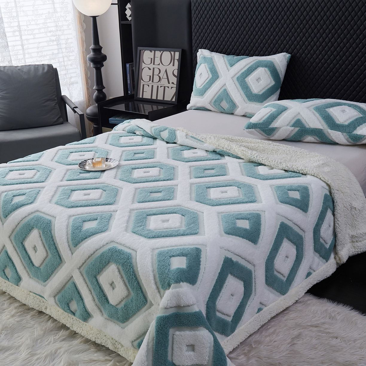 91家纺网 家纺一手货源 找家纺 枋梢家纺 2025新款几何空间阳离子提花镂空塔芙绒羊羔绒保暖午睡双层毛毯办公室盖毯 几何-雅青