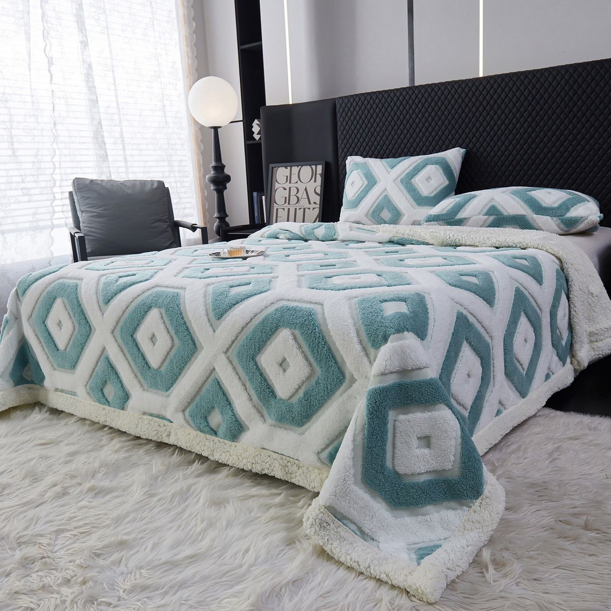 91家纺网 家纺一手货源 找家纺 枋梢家纺 2025新款几何空间阳离子提花镂空塔芙绒羊羔绒保暖午睡双层毛毯办公室盖毯 几何-雅青