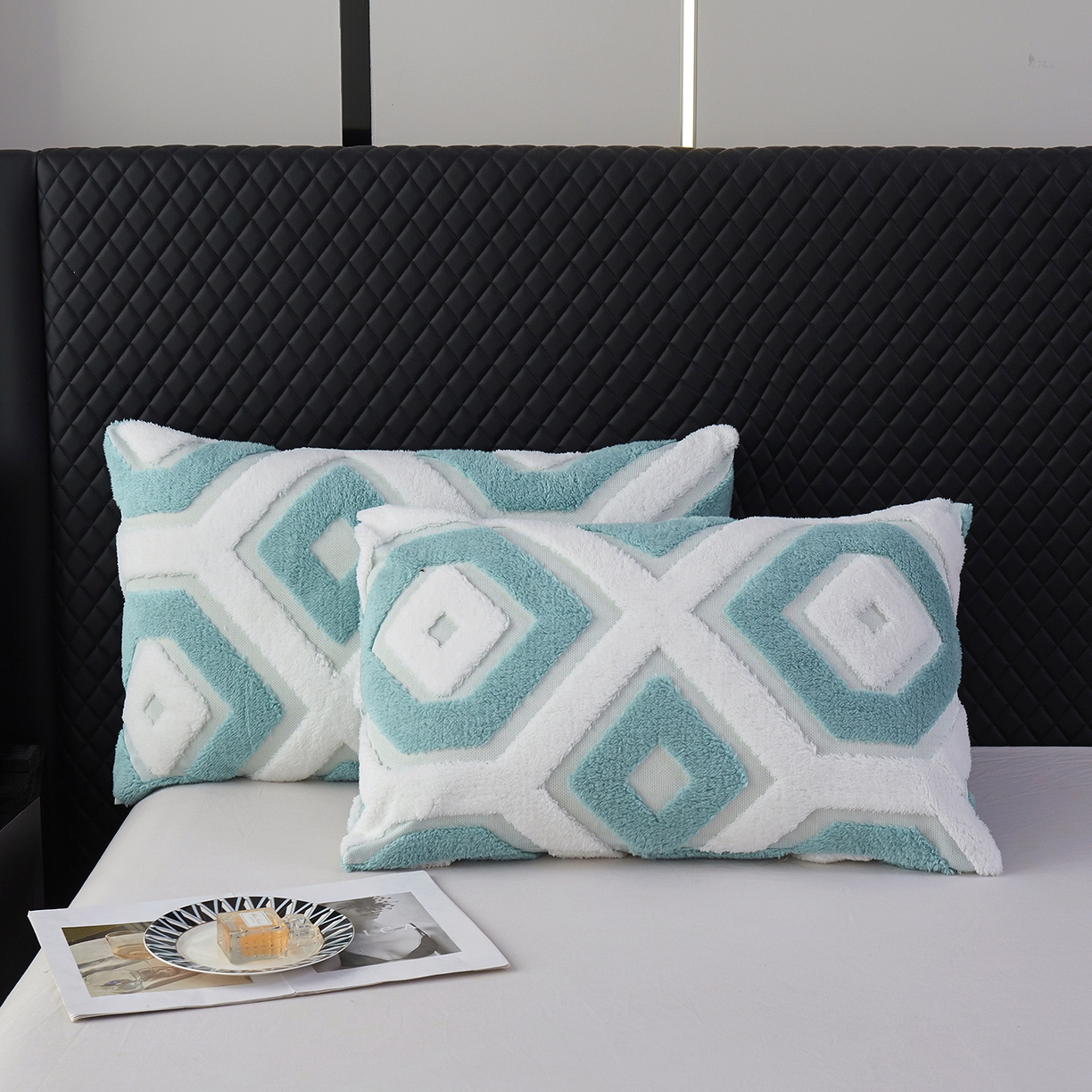 91家纺网 家纺一手货源 找家纺 枋梢家纺 2025新款几何空间阳离子提花镂空塔芙绒羊羔绒保暖午睡双层毛毯办公室盖毯 几何-雅青