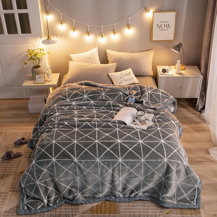 91家纺网 家纺一手货源 找家纺 好艺佳毛毯 2025新款（升级版）拉舍尔毛毯学生毯宿舍婚庆加厚双层毯子绒毯盖毯不掉毛毛毯 升级版-灰菱格