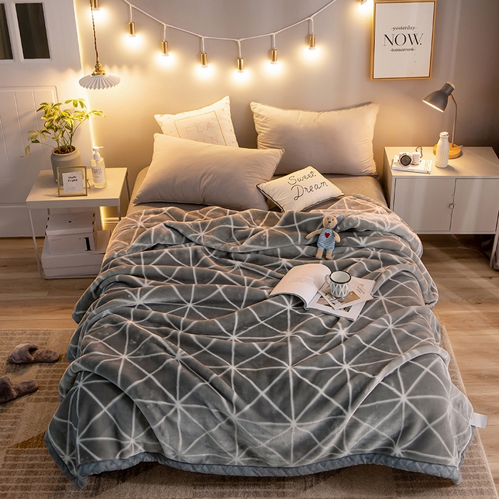 91家纺网 家纺一手货源 找家纺 好艺佳毛毯 2025新款（升级版）拉舍尔毛毯学生毯宿舍婚庆加厚双层毯子绒毯盖毯不掉毛毛毯 升级版-灰菱格