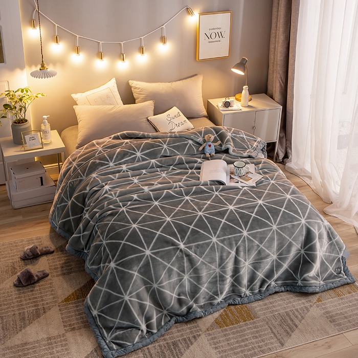 91家纺网 家纺一手货源 找家纺 好艺佳毛毯 2025新款（升级版）拉舍尔毛毯学生毯宿舍婚庆加厚双层毯子绒毯盖毯不掉毛毛毯 升级版-灰菱格