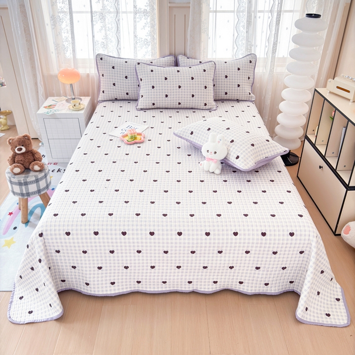 91家纺网 家纺一手货源 找家纺 橙子家居 2024新款A类木棉印花夹层新疆棉花四季款床盖三件套 爱心格