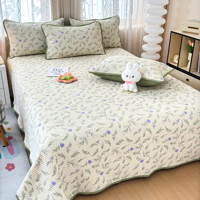 91家纺网 家纺一手货源 找家纺 橙子家居 2024新款A类木棉印花夹层新疆棉花四季款床盖三件套 春天里