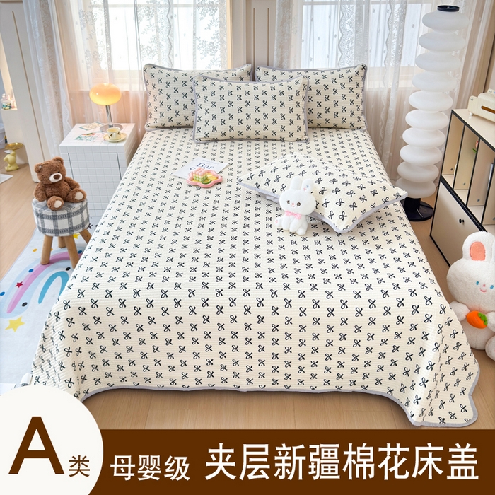 橙子家居 2024新款A类木棉印花夹层新疆棉花四季款床盖三件套 蝴蝶结