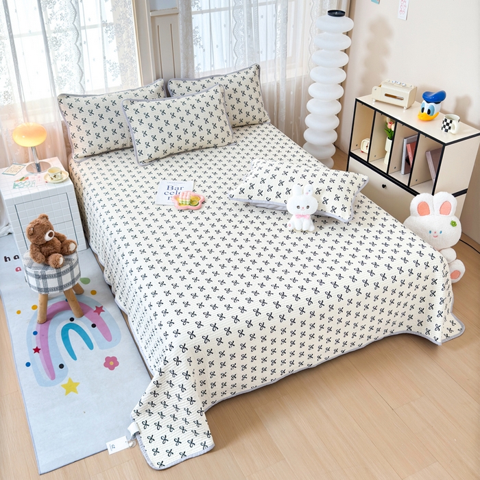 91家纺网 家纺一手货源 找家纺 橙子家居 2024新款A类木棉印花夹层新疆棉花四季款床盖三件套 蝴蝶结