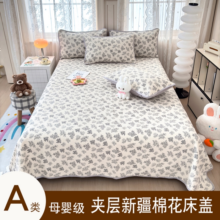 橙子家居 2024新款A类木棉印花夹层新疆棉花四季款床盖三件套 锦上添花