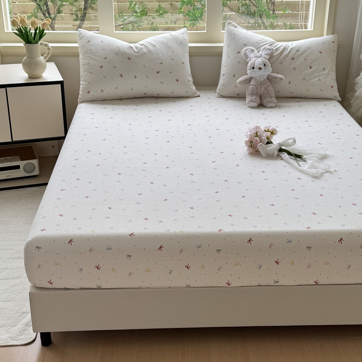 91家纺网 家纺一手货源 找家纺 叠派家纺 2025新款A类双层纱提花单品系列-单床笠 彩色蝴蝶结