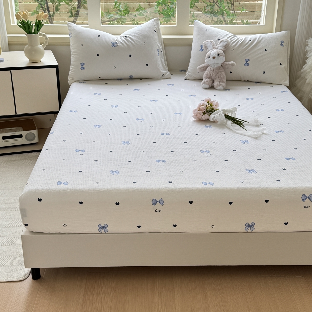 91家纺网 家纺一手货源 找家纺 叠派家纺 2025新款A类双层纱提花单品系列-单床笠 爱心蝴蝶结