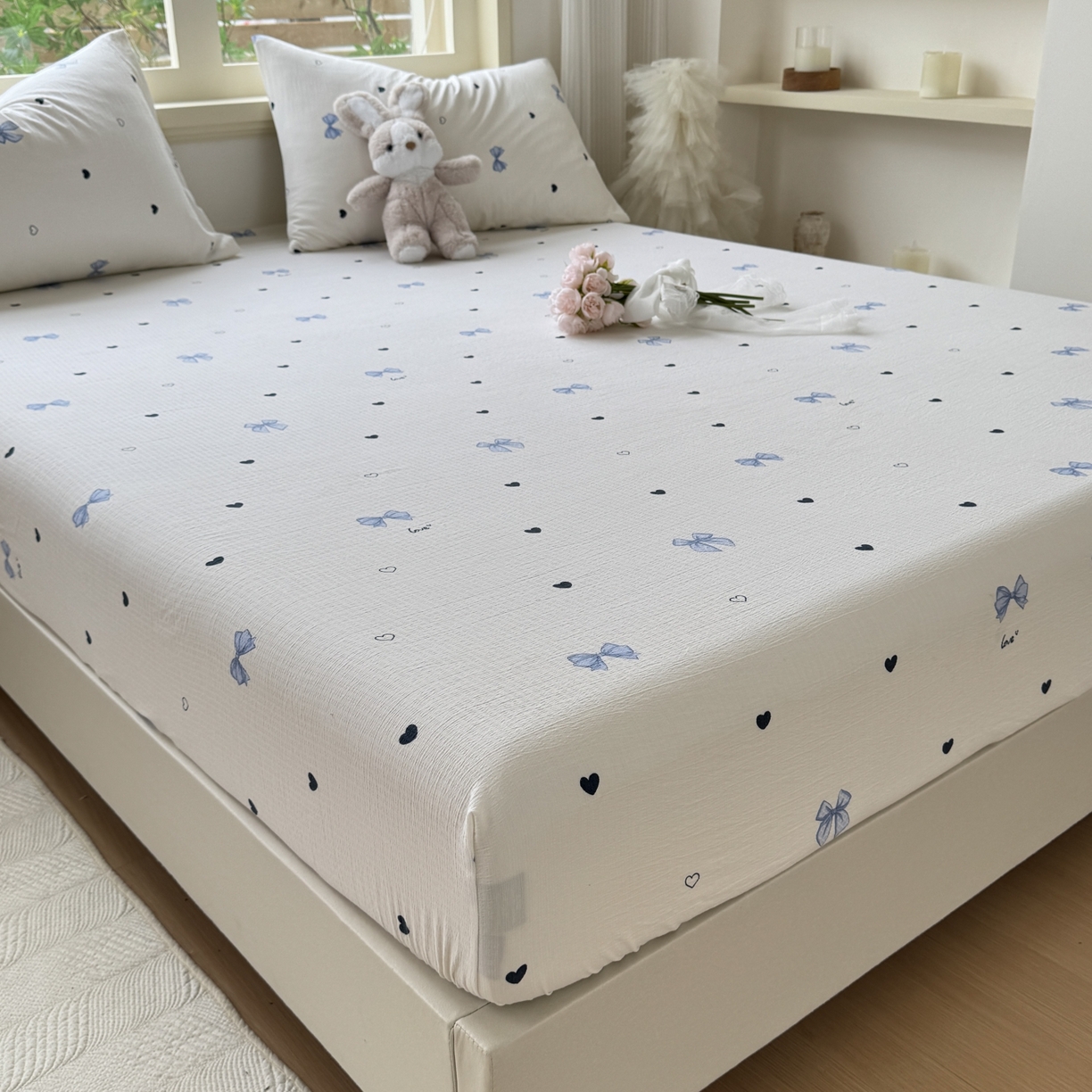 91家纺网 家纺一手货源 找家纺 叠派家纺 2025新款A类双层纱提花单品系列-单床笠 爱心蝴蝶结