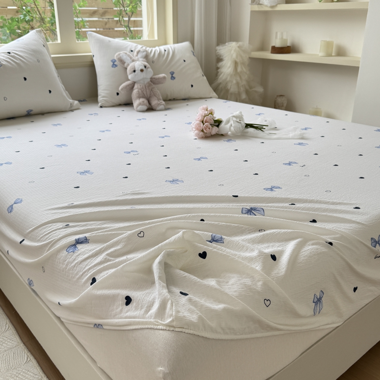 91家纺网 家纺一手货源 找家纺 叠派家纺 2025新款A类双层纱提花单品系列-单床笠 爱心蝴蝶结