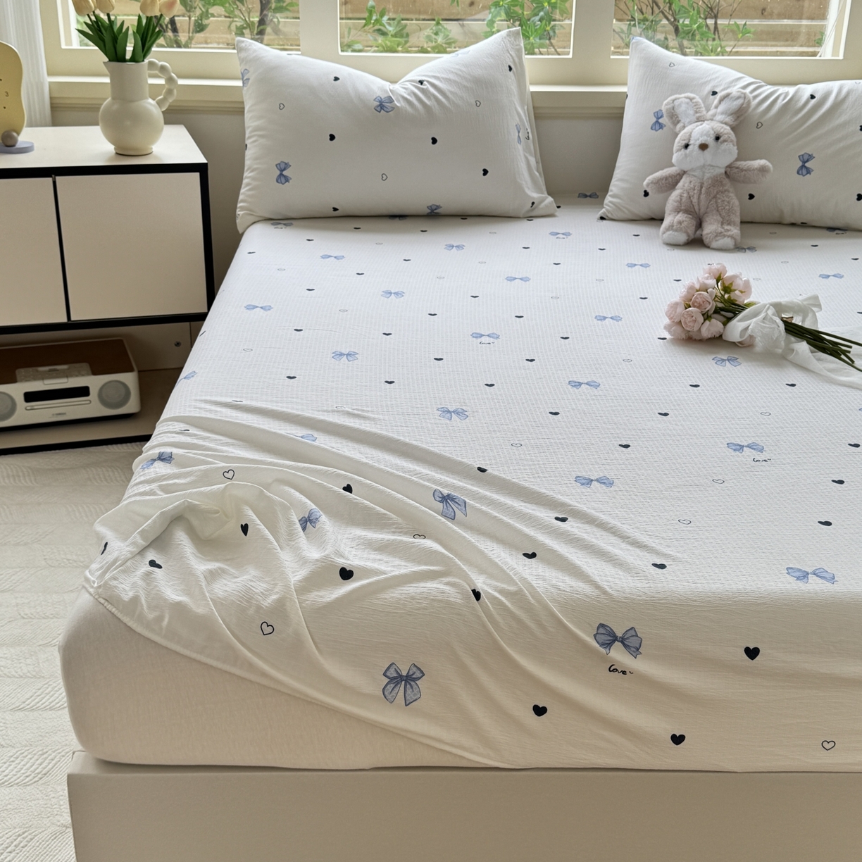 91家纺网 家纺一手货源 找家纺 叠派家纺 2025新款A类双层纱提花单品系列-单床笠 爱心蝴蝶结