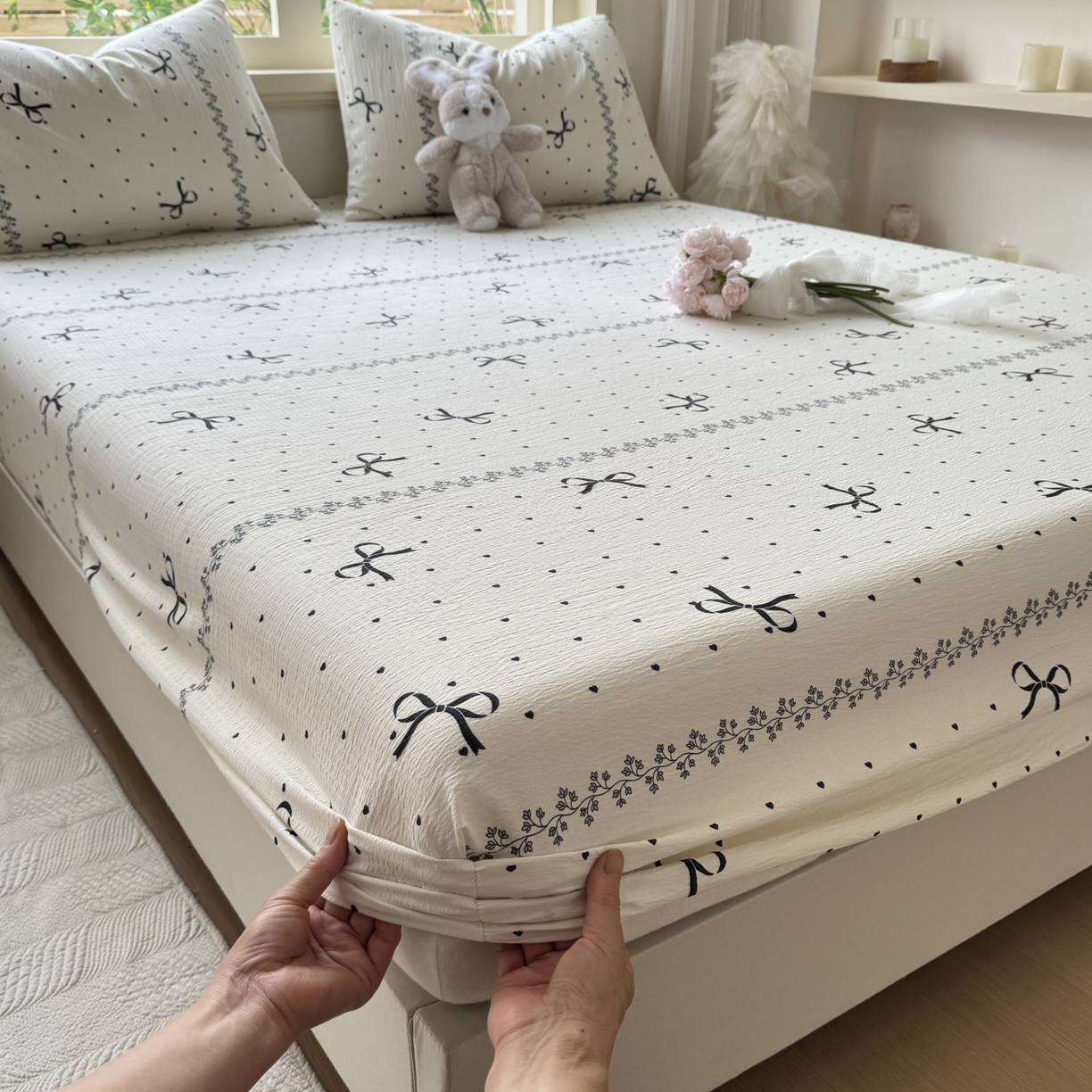 91家纺网 家纺一手货源 找家纺 叠派家纺 2025新款A类双层纱提花单品系列-单床笠 蝴蝶结