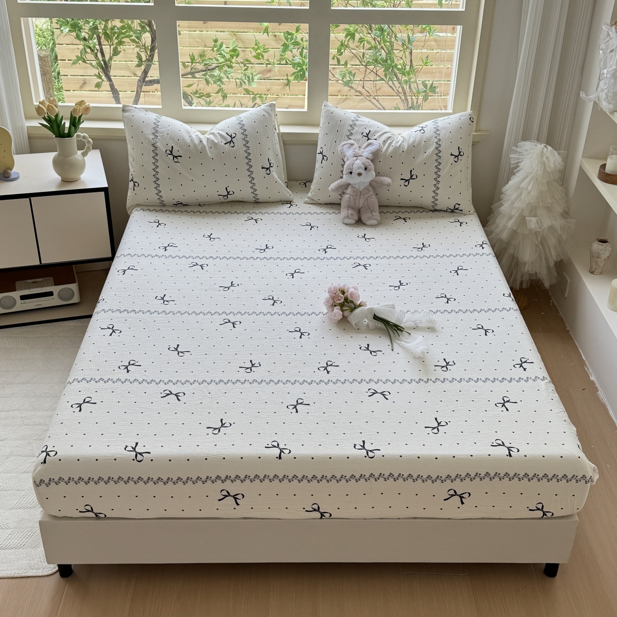 91家纺网 家纺一手货源 找家纺 叠派家纺 2025新款A类双层纱提花单品系列-单床笠 蝴蝶结