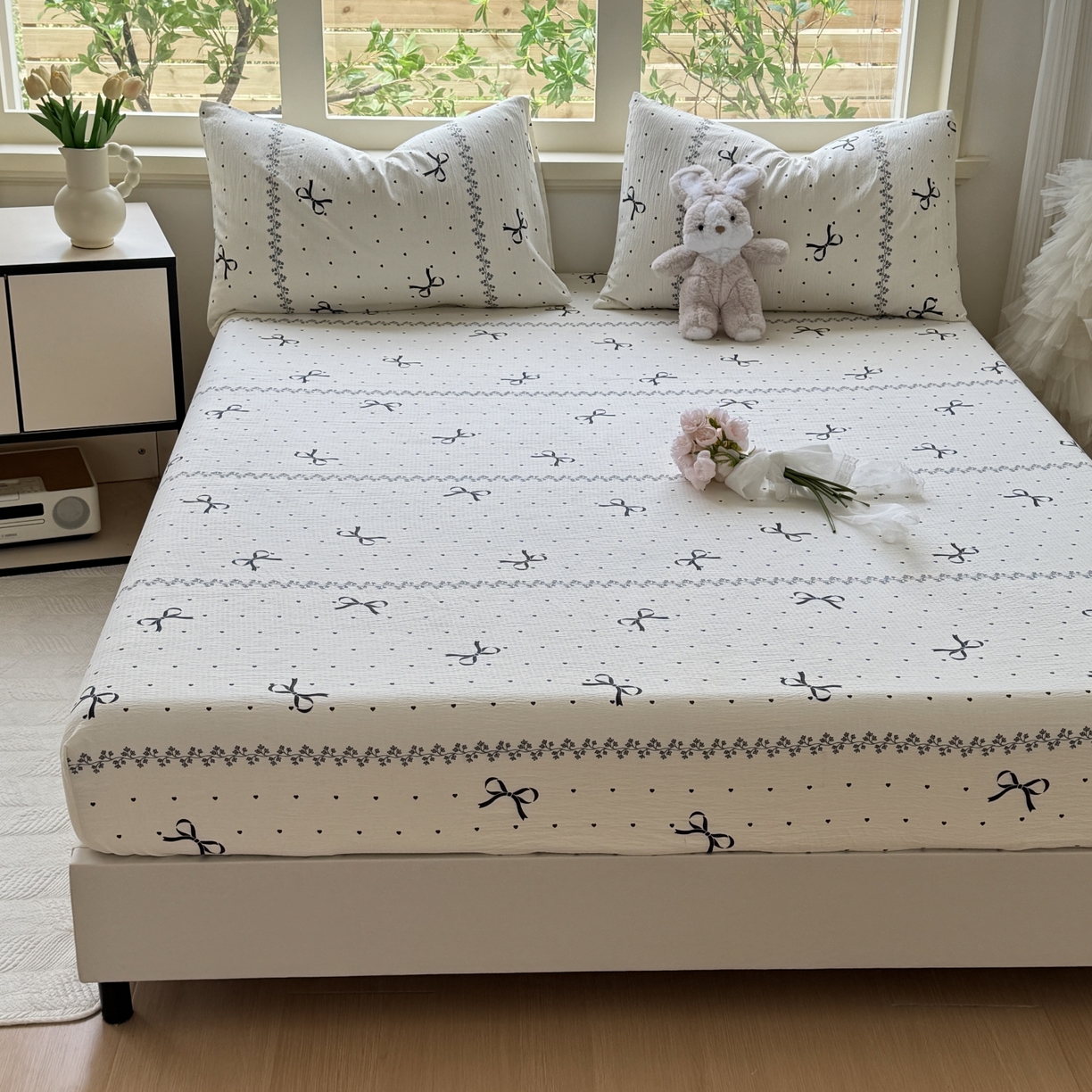 91家纺网 家纺一手货源 找家纺 叠派家纺 2025新款A类双层纱提花单品系列-单床笠 蝴蝶结