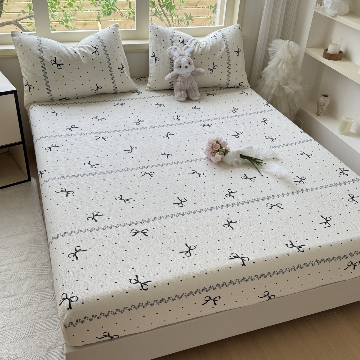 91家纺网 家纺一手货源 找家纺 叠派家纺 2025新款A类双层纱提花单品系列-单床笠 蝴蝶结