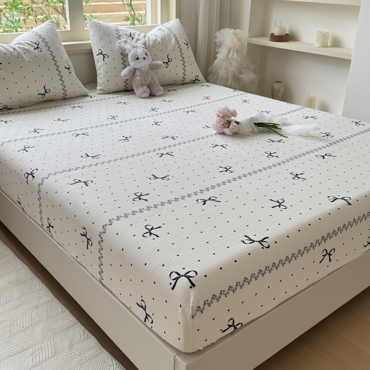 91家纺网 家纺一手货源 找家纺 叠派家纺 2025新款A类双层纱提花单品系列-单床笠 蝴蝶结