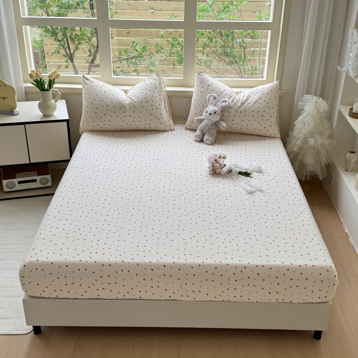 91家纺网 家纺一手货源 找家纺 叠派家纺 2025新款A类双层纱提花单品系列-单床笠 奶油波点