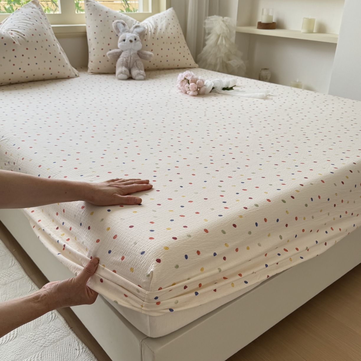 91家纺网 家纺一手货源 找家纺 叠派家纺 2025新款A类双层纱提花单品系列-单床笠 奶油波点