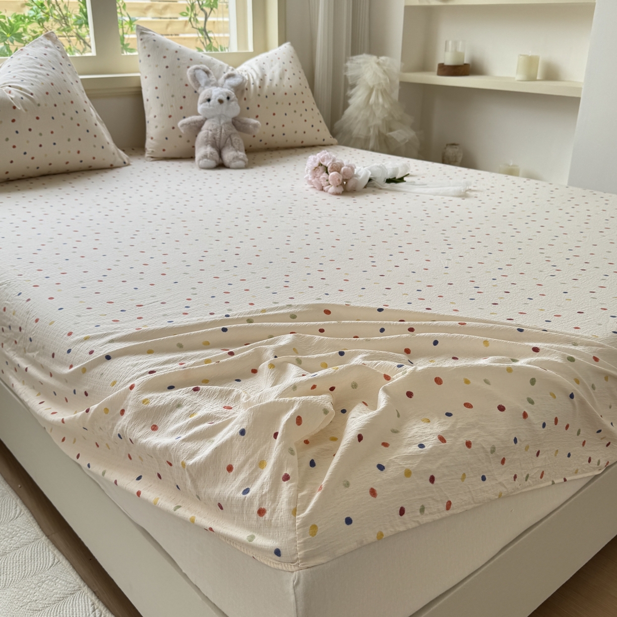 91家纺网 家纺一手货源 找家纺 叠派家纺 2025新款A类双层纱提花单品系列-单床笠 奶油波点