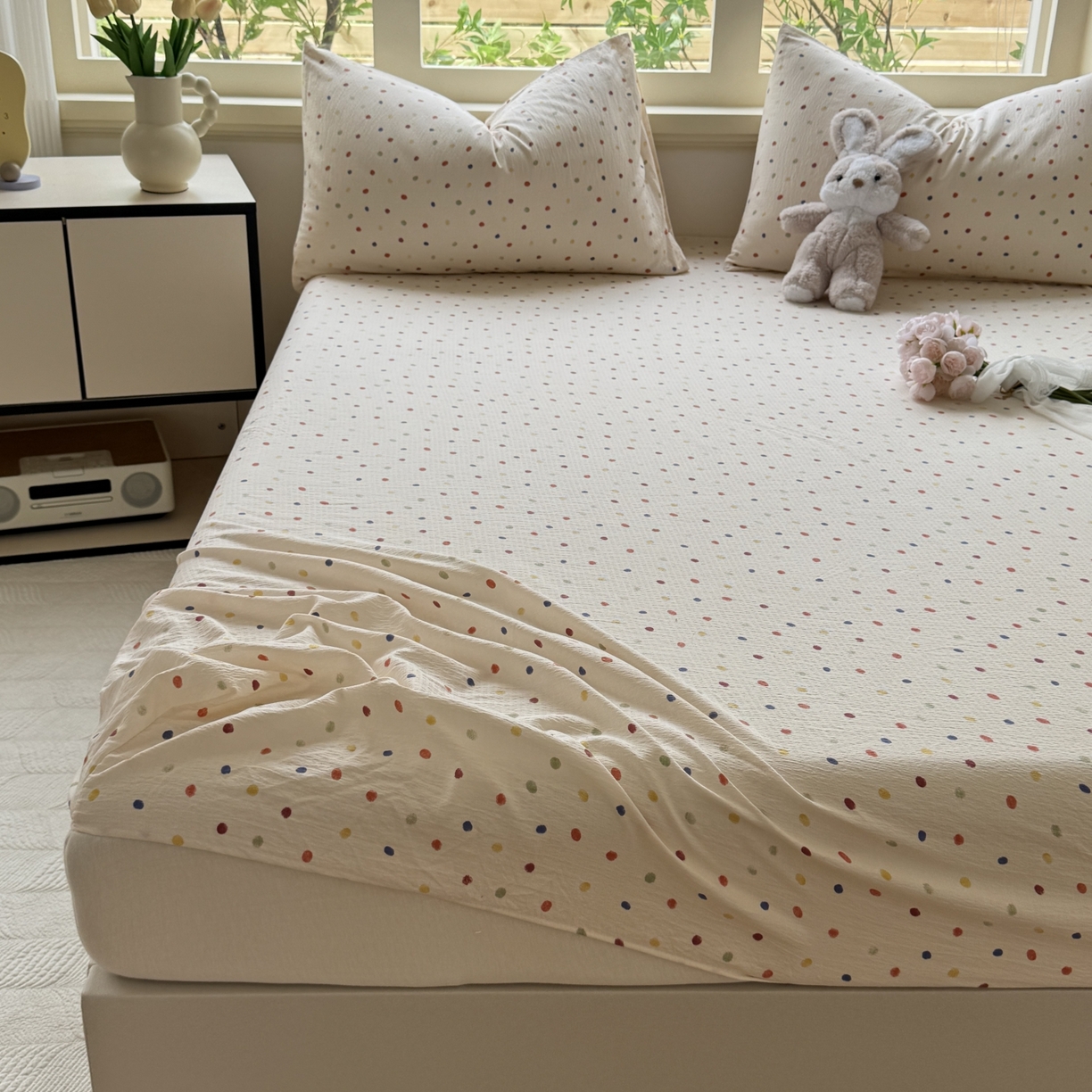 91家纺网 家纺一手货源 找家纺 叠派家纺 2025新款A类双层纱提花单品系列-单床笠 奶油波点