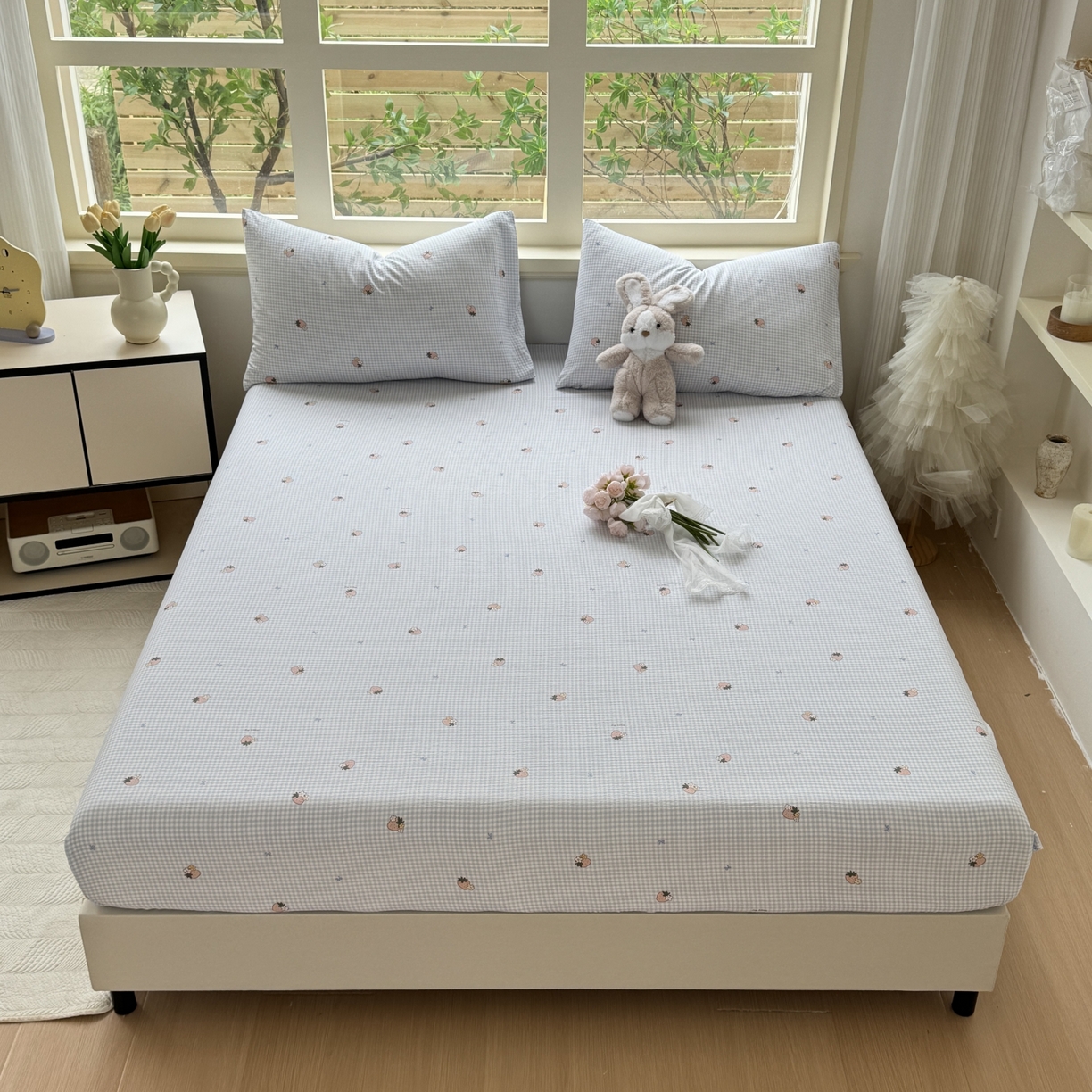 91家纺网 家纺一手货源 找家纺 叠派家纺 2025新款A类双层纱提花单品系列-单床笠 清新草莓