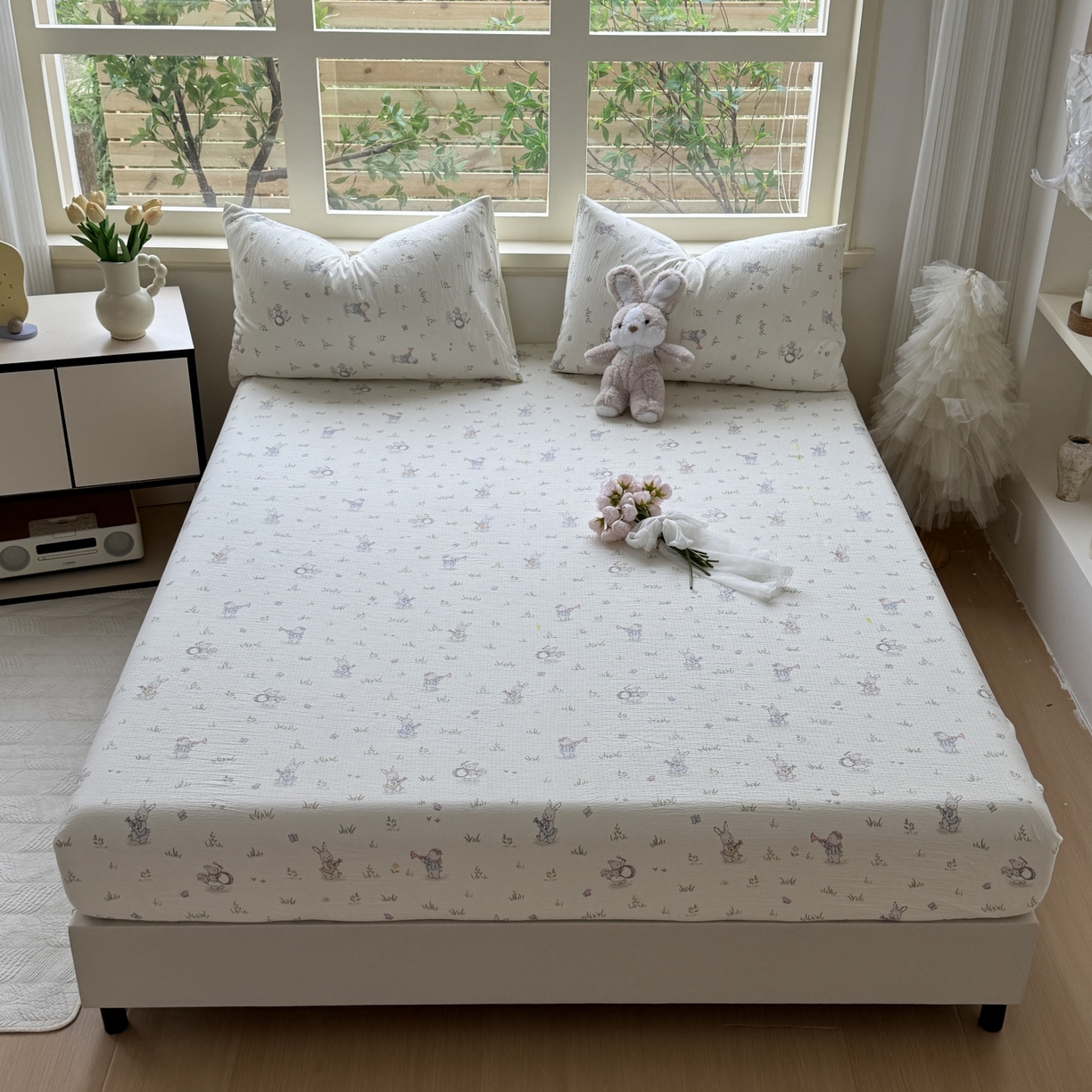 91家纺网 家纺一手货源 找家纺 叠派家纺 2025新款A类双层纱提花单品系列-单床笠 音乐小兔