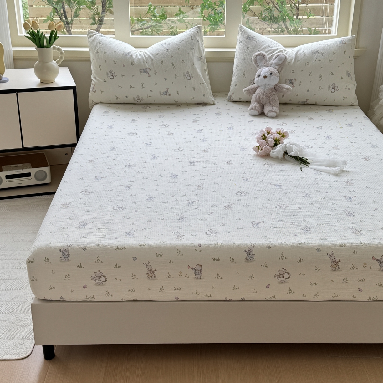 91家纺网 家纺一手货源 找家纺 叠派家纺 2025新款A类双层纱提花单品系列-单床笠 音乐小兔