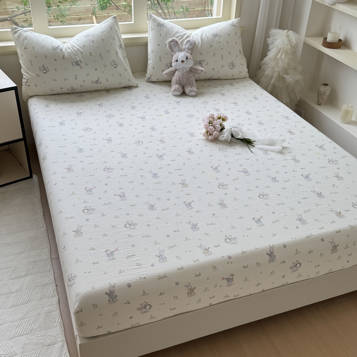 91家纺网 家纺一手货源 找家纺 叠派家纺 2025新款A类双层纱提花单品系列-单床笠 音乐小兔